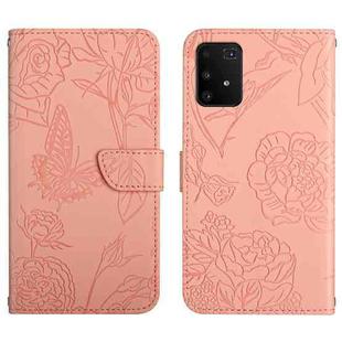 For Samsung Galaxy A91 Skin Feel Butterfly Peony Embossed Leather Phone Case(Pink)