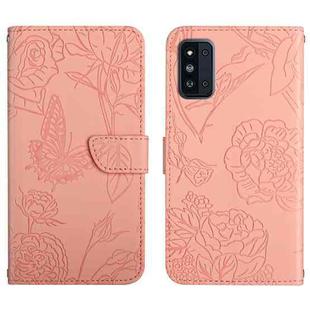 For Samsung Galaxy F52 5G Skin Feel Butterfly Peony Embossed Leather Phone Case(Pink)