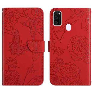 For Samsung Galaxy M21 Skin Feel Butterfly Peony Embossed Leather Phone Case(Red)