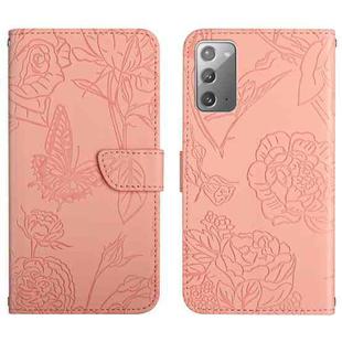 For Samsung Galaxy Note20 Skin Feel Butterfly Peony Embossed Leather Phone Case(Pink)