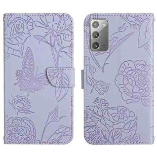 For Samsung Galaxy Note20 Skin Feel Butterfly Peony Embossed Leather Phone Case(Purple)