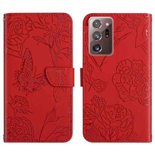 For Samsung Galaxy Note20 Ultra Skin Feel Butterfly Peony Embossed Leather Phone Case(Red)