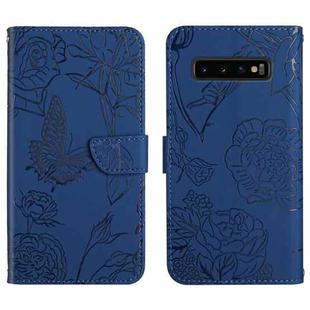 For Samsung Galaxy S10 Skin Feel Butterfly Peony Embossed Leather Phone Case(Blue)
