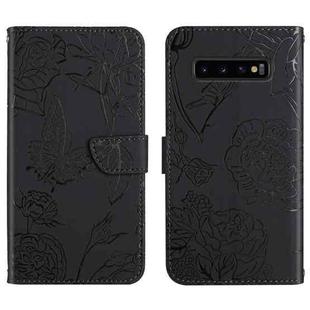 For Samsung Galaxy S10+ Skin Feel Butterfly Peony Embossed Leather Phone Case(Black)