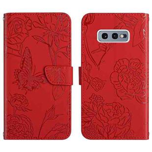 For Samsung Galaxy S10e Skin Feel Butterfly Peony Embossed Leather Phone Case(Red)
