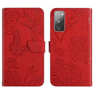 For Samsung Galaxy S20 FE Skin Feel Butterfly Peony Embossed Leather Phone Case(Red)