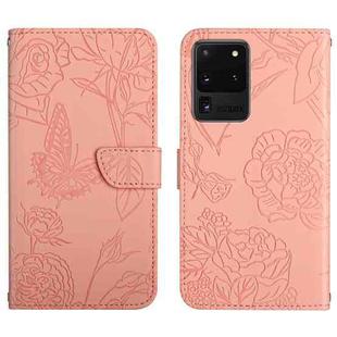 For Samsung Galaxy S20 Ultra Skin Feel Butterfly Peony Embossed Leather Phone Case(Pink)