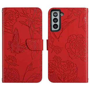 For Samsung Galaxy S21 5G Skin Feel Butterfly Peony Embossed Leather Phone Case(Red)