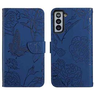 For Samsung Galaxy S21 5G Skin Feel Butterfly Peony Embossed Leather Phone Case(Blue)