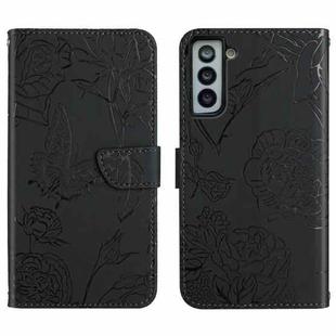 For Samsung Galaxy S21 FE 5G Skin Feel Butterfly Peony Embossed Leather Phone Case(Black)