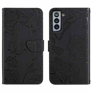 For Samsung Galaxy S21+ 5G Skin Feel Butterfly Peony Embossed Leather Phone Case(Black)