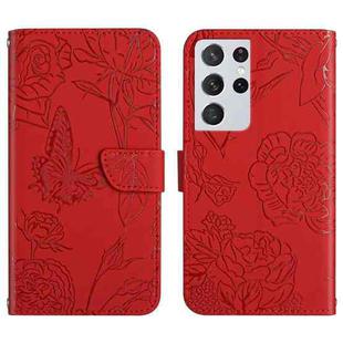 For Samsung Galaxy S21 Ultra 5G Skin Feel Butterfly Peony Embossed Leather Phone Case(Red)