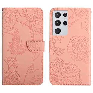 For Samsung Galaxy S21 Ultra 5G Skin Feel Butterfly Peony Embossed Leather Phone Case(Pink)