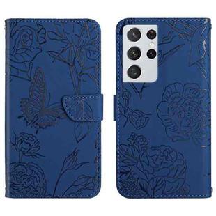 For Samsung Galaxy S21 Ultra 5G Skin Feel Butterfly Peony Embossed Leather Phone Case(Blue)