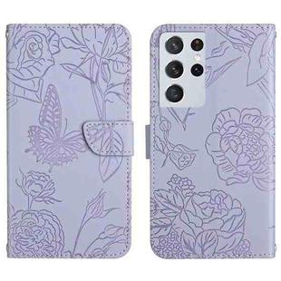 For Samsung Galaxy S21 Ultra 5G Skin Feel Butterfly Peony Embossed Leather Phone Case(Purple)