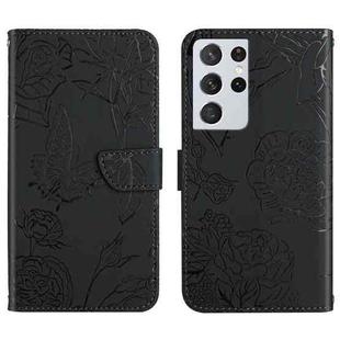 For Samsung Galaxy S21 Ultra 5G Skin Feel Butterfly Peony Embossed Leather Phone Case(Black)