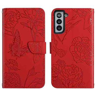 For Samsung Galaxy S22 5G Skin Feel Butterfly Peony Embossed Leather Phone Case(Red)