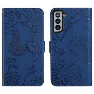 For Samsung Galaxy S22+ 5G Skin Feel Butterfly Peony Embossed Leather Phone Case(Blue)