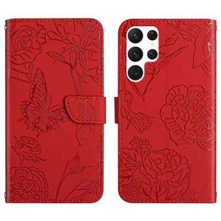 For Samsung Galaxy S22 Ultra 5G Skin Feel Butterfly Peony Embossed Leather Phone Case(Red)