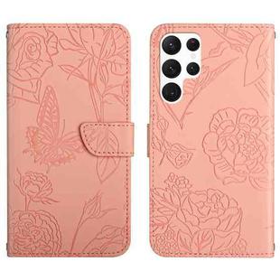 For Samsung Galaxy S22 Ultra 5G Skin Feel Butterfly Peony Embossed Leather Phone Case(Pink)