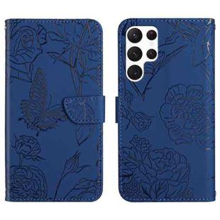 For Samsung Galaxy S22 Ultra 5G Skin Feel Butterfly Peony Embossed Leather Phone Case(Blue)