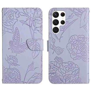For Samsung Galaxy S22 Ultra 5G Skin Feel Butterfly Peony Embossed Leather Phone Case(Purple)