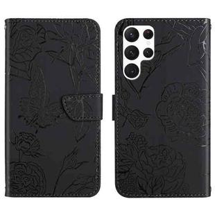 For Samsung Galaxy S22 Ultra 5G Skin Feel Butterfly Peony Embossed Leather Phone Case(Black)