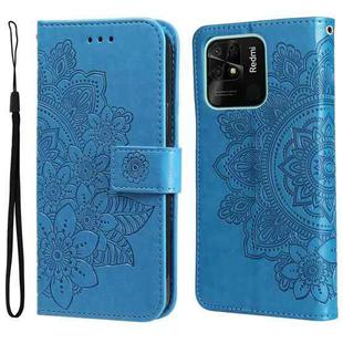 For Xiaomi Redmi 10C 4G / Redmi 10 (India) 7-petal Flowers Embossed Flip Leather Phone Case(Blue)