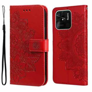 For Xiaomi Redmi 10C 4G / Redmi 10 (India) 7-petal Flowers Embossed Flip Leather Phone Case(Red)