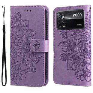 For Xiaomi Poco X4 Pro 5G 7-petal Flowers Embossed Flip Leather Phone Case(Light Purple)