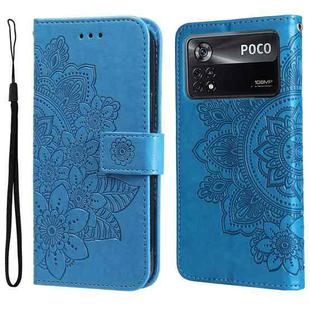 For Xiaomi Poco X4 Pro 5G 7-petal Flowers Embossed Flip Leather Phone Case(Blue)