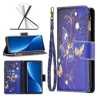 For Xiaomi 12 Pro Colored Drawing Pattern Zipper Leather Phone Case(Purple Butterfly)