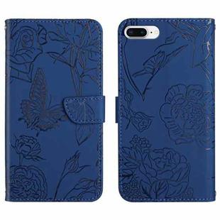 Skin Feel Butterfly Peony Embossed Leather Phone Case For iPhone 8 Plus / 7 Plus(Blue)