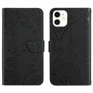 For iPhone 11 Skin Feel Butterfly Peony Embossed Leather Phone Case (Black)