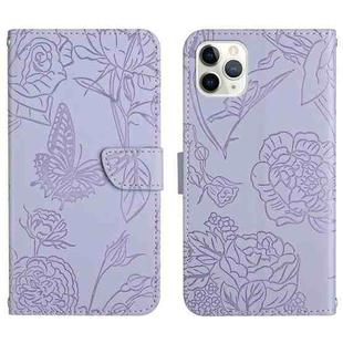 For iPhone 11 Pro Skin Feel Butterfly Peony Embossed Leather Phone Case (Purple)