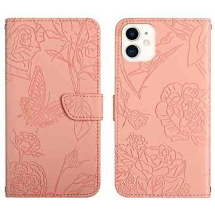 For iPhone 12 mini Skin Feel Butterfly Peony Embossed Leather Phone Case (Pink)