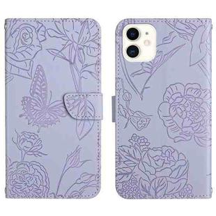 For iPhone 12 mini Skin Feel Butterfly Peony Embossed Leather Phone Case (Purple)