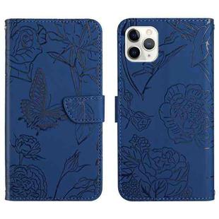 For iPhone 12 Pro Skin Feel Butterfly Peony Embossed Leather Phone Case(Blue)