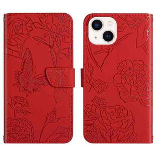 For iPhone 13 Skin Feel Butterfly Peony Embossed Leather Phone Case(Red)