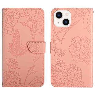 For iPhone 13 Skin Feel Butterfly Peony Embossed Leather Phone Case(Pink)