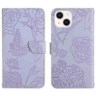 For iPhone 13 Skin Feel Butterfly Peony Embossed Leather Phone Case(Purple)