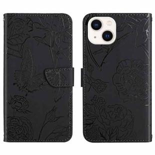 For iPhone 13 Skin Feel Butterfly Peony Embossed Leather Phone Case(Black)