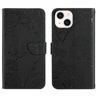 For iPhone 13 mini Skin Feel Butterfly Peony Embossed Leather Phone Case (Black)