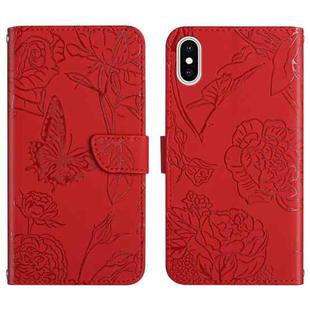 For iPhone X / XS Skin Feel Butterfly Peony Embossed Leather Phone Case(Red)