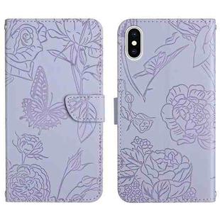 For iPhone X / XS Skin Feel Butterfly Peony Embossed Leather Phone Case(Purple)