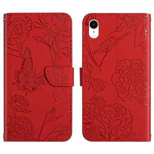 For iPhone XR Skin Feel Butterfly Peony Embossed Leather Phone Case(Red)