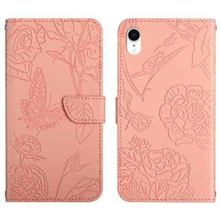 For iPhone XR Skin Feel Butterfly Peony Embossed Leather Phone Case(Pink)