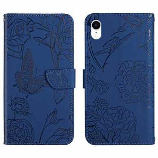 For iPhone XR Skin Feel Butterfly Peony Embossed Leather Phone Case(Blue)