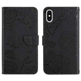 For iPhone XS Max Skin Feel Butterfly Peony Embossed Leather Phone Case(Black)