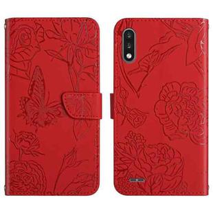 For LG K22 Skin Feel Butterfly Peony Embossed Leather Phone Case(Red)